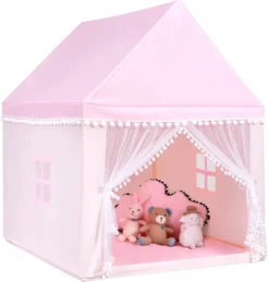 COSTWAY Kinderspielhaus Kinderzelt Spielhaus Prinzess Prinzessin, Kinderspielzelt Stoffzelt Mit Massivholzrahmen & Baumwolldecke, Kinderspielburg Für Jungen Märchen 120x105x140cm (Rosa)