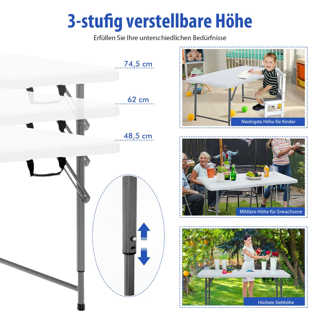 COSTWAY Tragbarer Campingtisch Klapptisch, Klappbarer Gartentisch Mit Tragegriff, Höhenverstellbar, Für Camping, Hochzeit, Party, 120 X 60 X 74,5 Cm – Bild 3