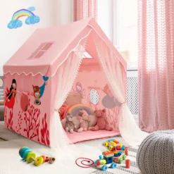 COSTWAY Großes Kinderzelt, Indoor-Spielzelt Mit Gepolsterter Matte, Türvorhang, Atmungsaktive Netzfenster, Bunte Dekorative Muster, Geschenk Für Kinder Ab 1 Jahr, 121 X 105 X 137 Cm Rosa