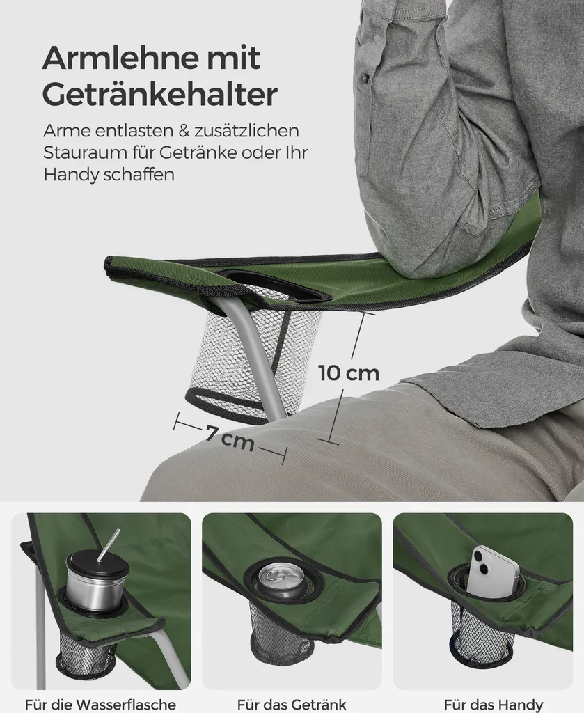 SONGMICS Campingstühle, 2er Set, Klappstühle, Outdoor-Stühle Mit Armlehnen Und Getränkehalter, Stabiles Gestell, Bis 120 Kg Belastbar, Grün GCB001C01 – Bild 5