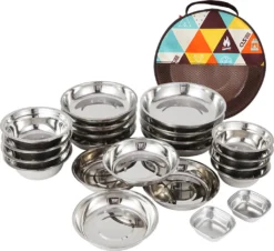 CLS 22-teiliges Tragbares Essteller-Set, Camping-Geschirr-Set, Polierter Edelstahl, Schš¹sseln, Suppent?pfe Mit Aufbewahrungstasche Fš¹r Das Kochen Im Freien, Camping, Picknick, Grillen
