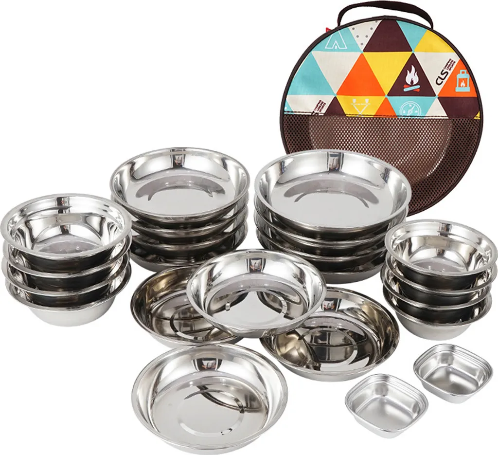 CLS 22-teiliges Tragbares Essteller-Set, Camping-Geschirr-Set, Polierter Edelstahl, Schš¹sseln, Suppent?pfe Mit Aufbewahrungstasche Fš¹r Das Kochen Im Freien, Camping, Picknick, Grillen