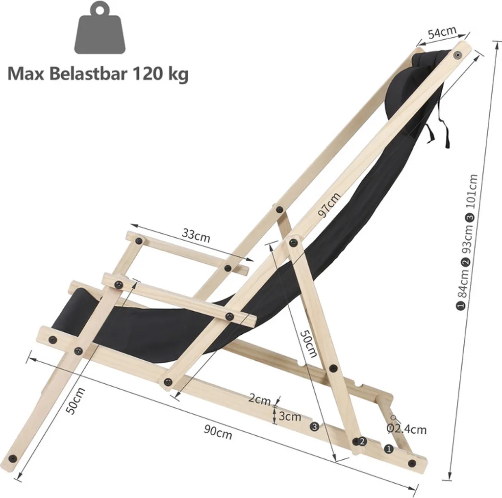 SWANEW Liegestuhl Klappbar Gartenstuhl Holz Sonnenliege Klappstuhl Campingstuhl Strand Schwarz Mit Handläufen 2 Stück – Bild 4