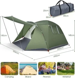 COSTWAY 4 Personen Campingzelt Mit Vordach, Doppelschicht Und Fenster, Kuppelzelt Winddicht, Camping Tent Wurfzelt Für 4 Erwachsene & 2 Kinder -Campingbedarf Geschäft e00808cc338bd5992fe2deaaf0bec2da