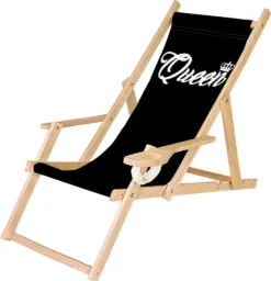 Holz-Liegestuhl Klappbar Klappliegestuhl Mit Armlehne Und Getränkehalter Strandstuhl Motiv Schwarz Queen [119]