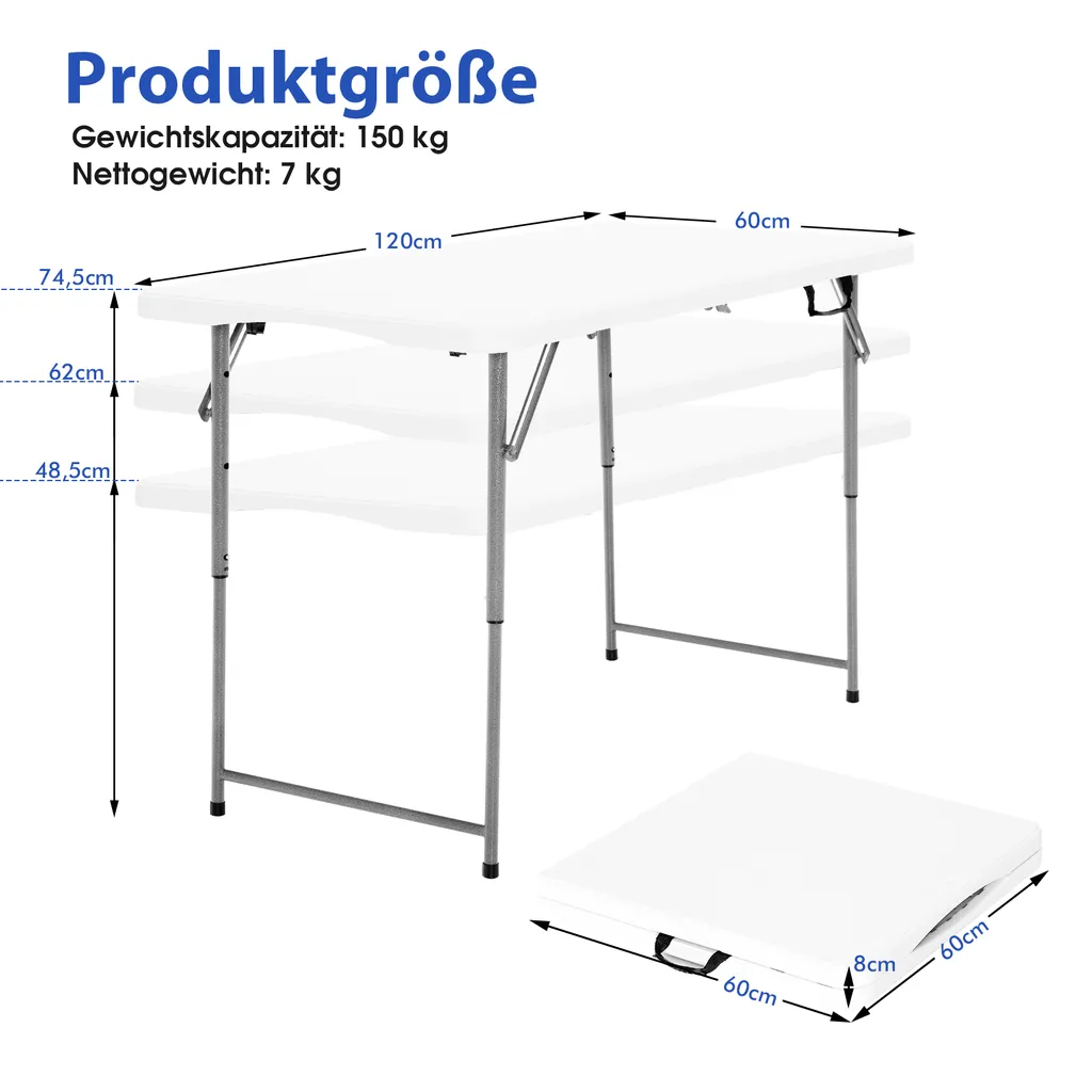 COSTWAY Tragbarer Campingtisch Klapptisch, Klappbarer Gartentisch Mit Tragegriff, Höhenverstellbar, Für Camping, Hochzeit, Party, 120 X 60 X 74,5 Cm – Bild 6