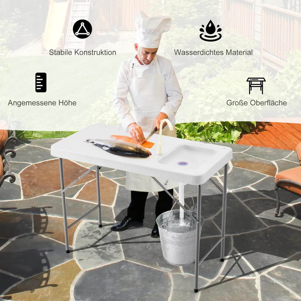 COSTWAY Tragbarer Fischreinigungstisch, Klappbarer Campingtisch Mit Spüle, Wasserhahn, Filetiertisch Outdoorspüle Für Garten, Camping, Angeln – Bild 2