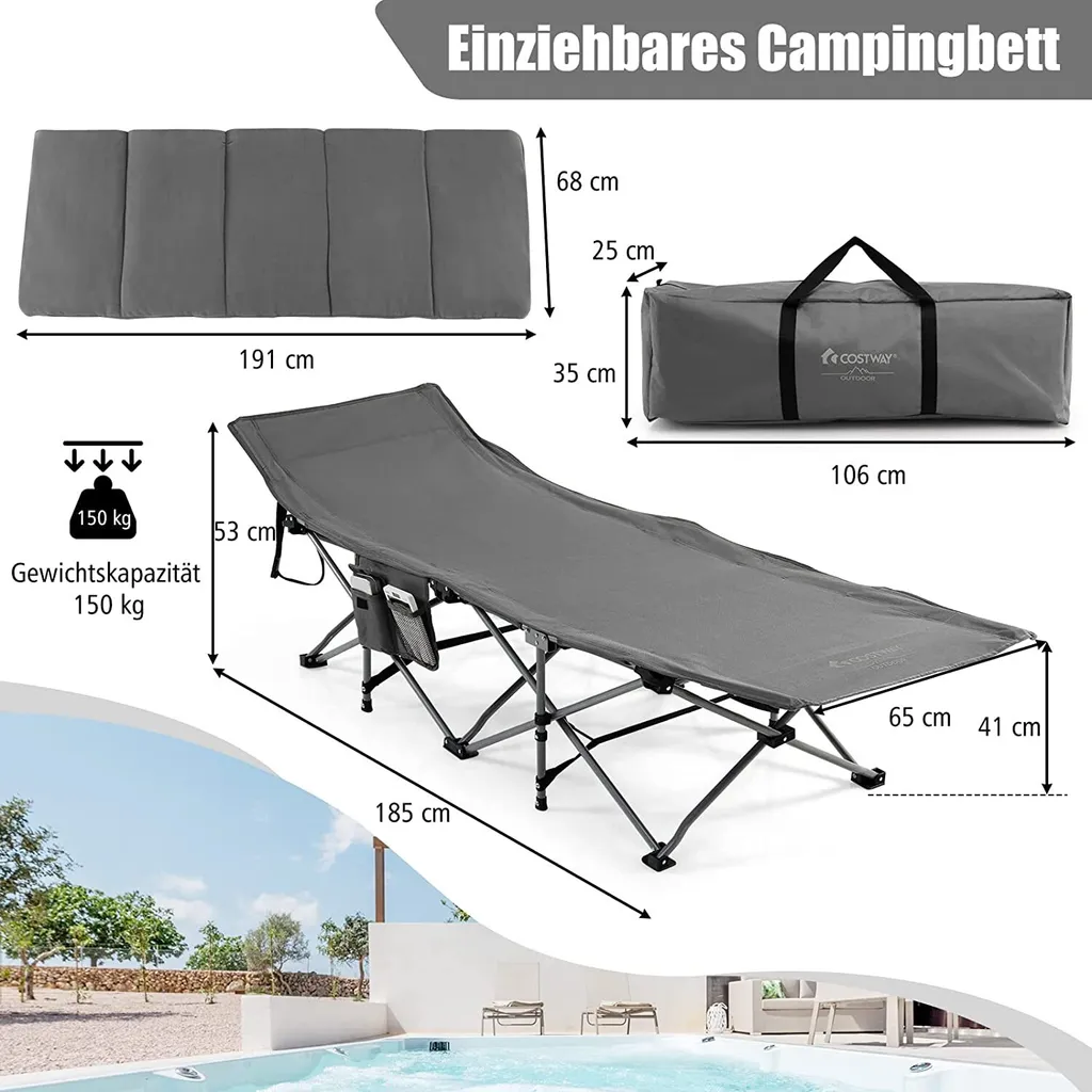 COSTWAY Feldbett Klappbar 190x67x53cm Campingbett Bis 150 Kg Belastbar Klappbett Mit Matratze, Kissen & Seitentasche, Tragbares Campingliege Inkl. Tragetasche Für Camping & Strand Grau – Bild 6