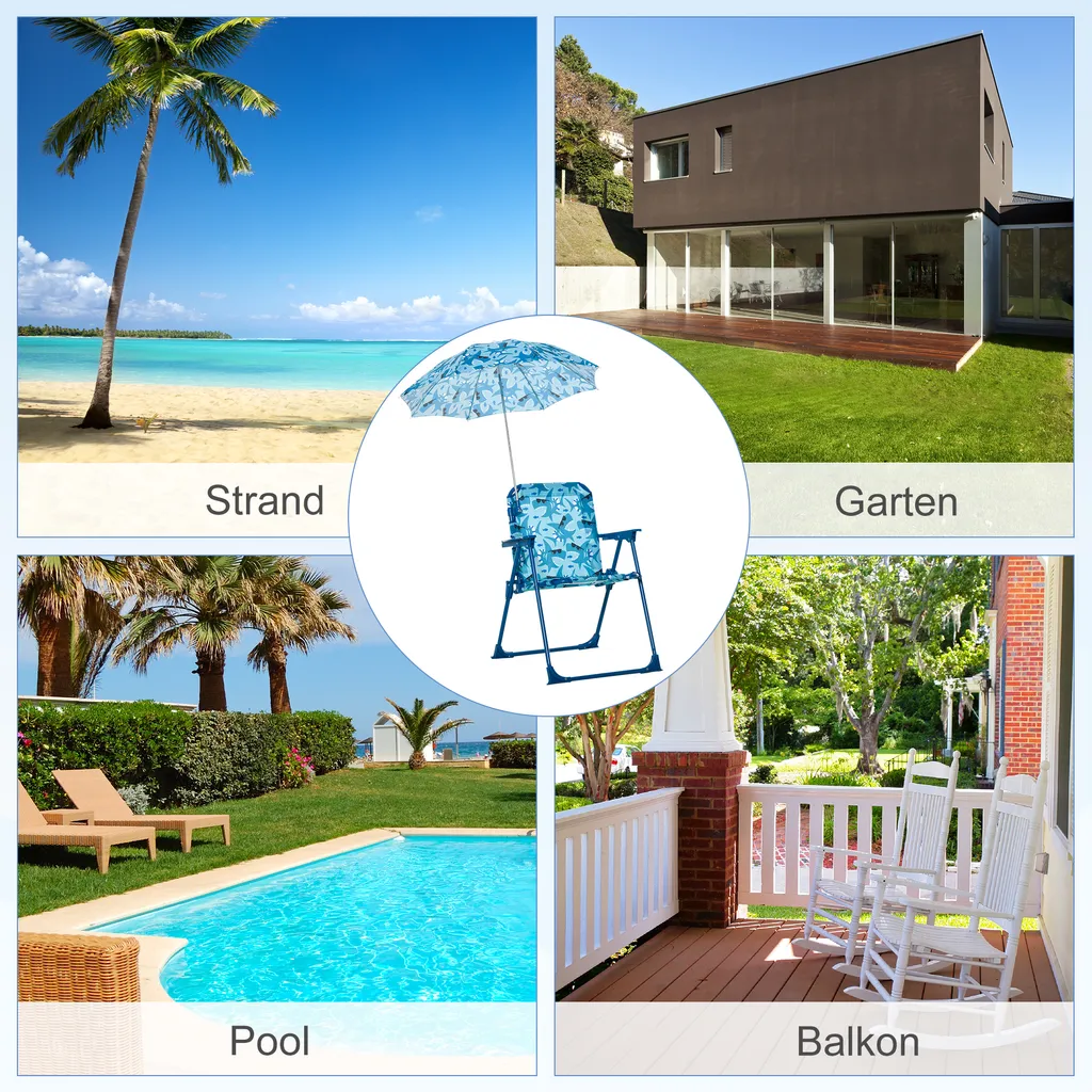 Outsunny Kinder-Campingstuhl Mit Sonnenschirm Kinder-Strandstuhl Klappstuhl Für 1-3 Jahre Leichte Gewicht Metall Blau 39 X 39 X 52cm – Bild 4