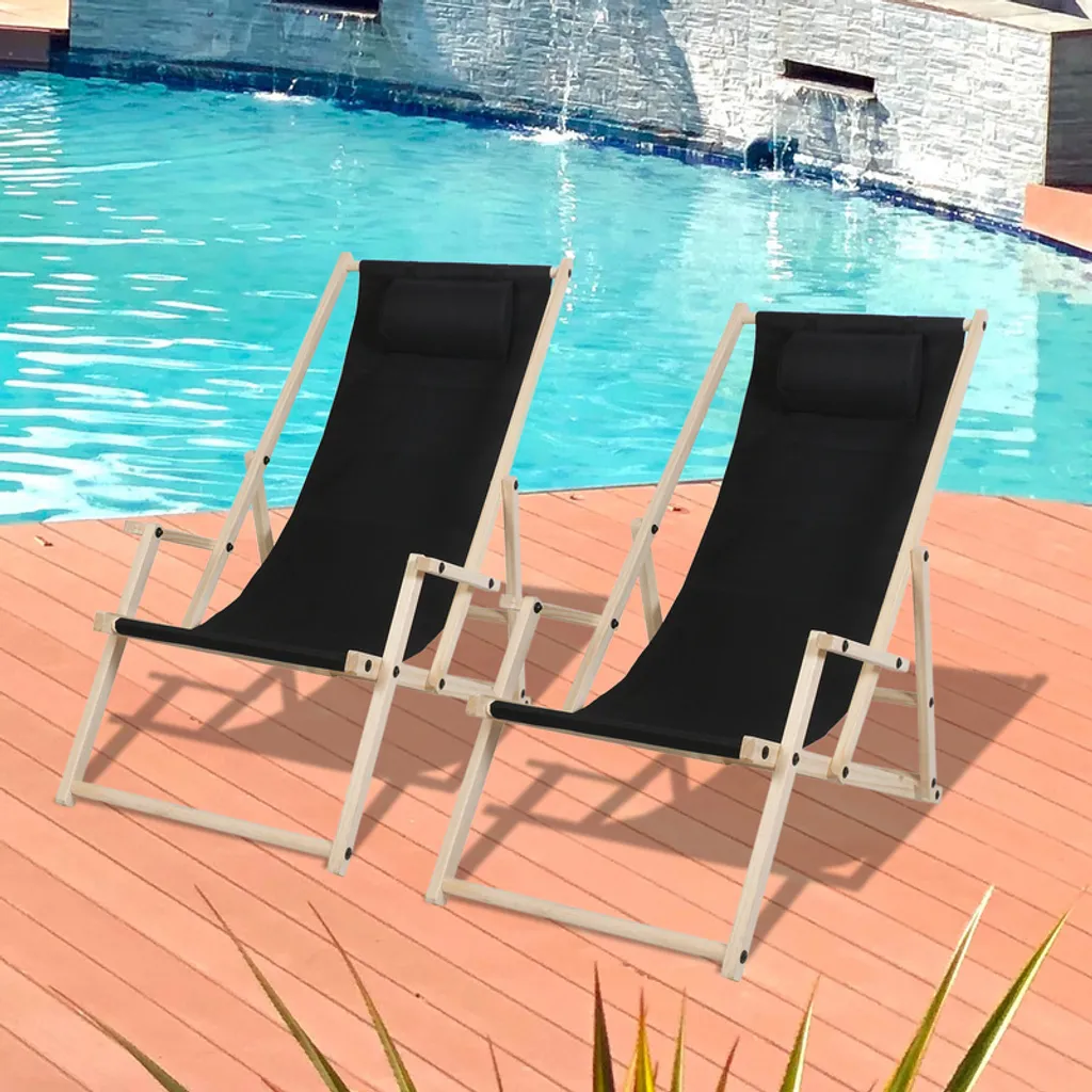 SWANEW Liegestuhl Klappbar Gartenstuhl Holz Sonnenliege Klappstuhl Campingstuhl Strand Schwarz Mit Handläufen 2 Stück