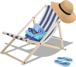 Karpal Klappbar Holzliegestuhl Campingstuhl Abnehmbarem Strandliege Fuer Den Garten, Terrasse Und Balkon 120 Kg Max.(Blau-Weiss-gestreift)