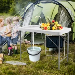 COSTWAY Tragbarer Fischreinigungstisch, Klappbarer Campingtisch Mit Spüle, Wasserhahn, Filetiertisch Outdoorspüle Für Garten, Camping, Angeln