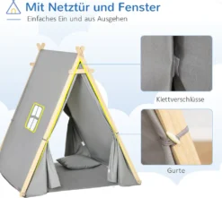 HOMCOM Kinder Teepee Tipi Zelt Mit Fenster Indoor Outdoor Kinderspielzelt Spieltipi Mit Kissen Polyester Kieferholz Lesen Spielen Ausruhen 3-6 Jahren Grau 130 X 115 X 136 Cm -Campingbedarf Geschäft ff74bf4394075aaefd8037a5a1c7172a