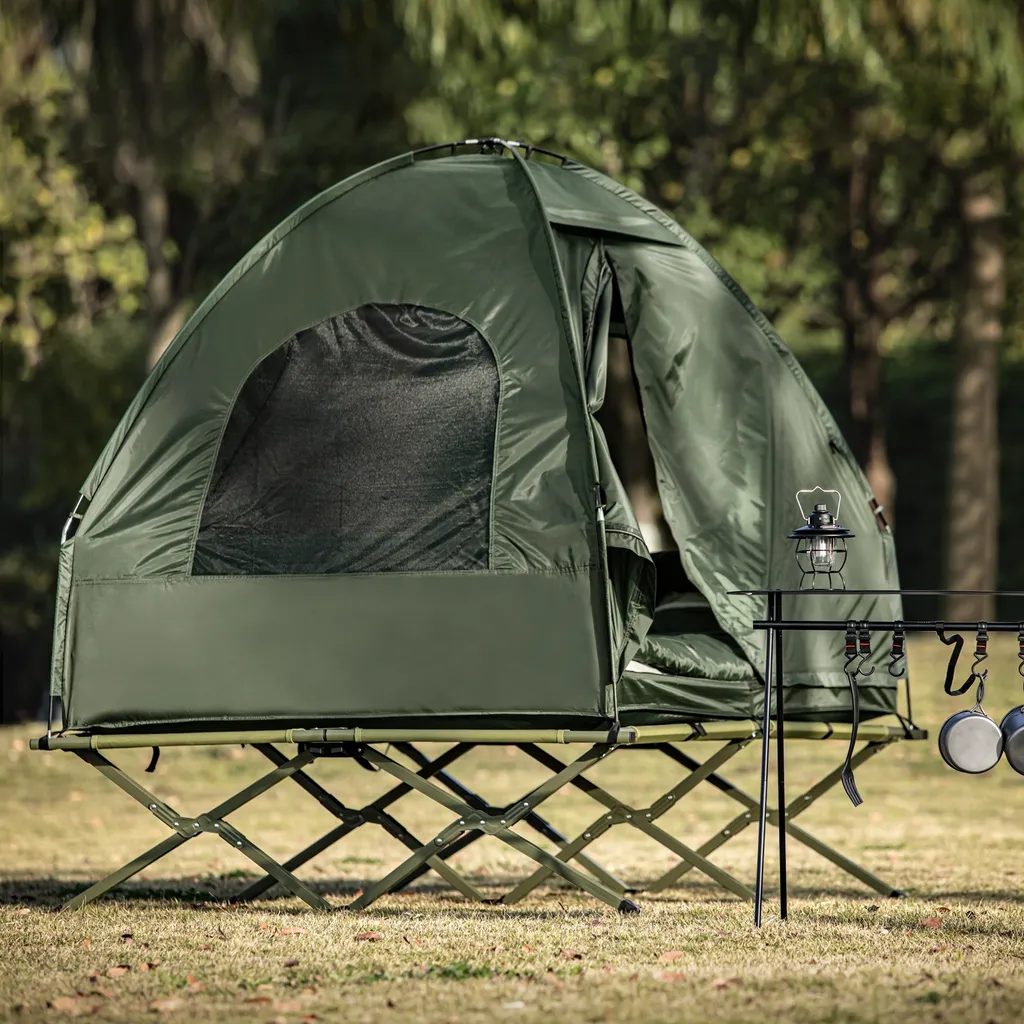 SoBuy OGS32-L-GR Feldbett 4in1-Zelt Mit Campingliege Schlafsack Luftmatratze Und Zubehör Campingzelt 2 Personen – Bild 3